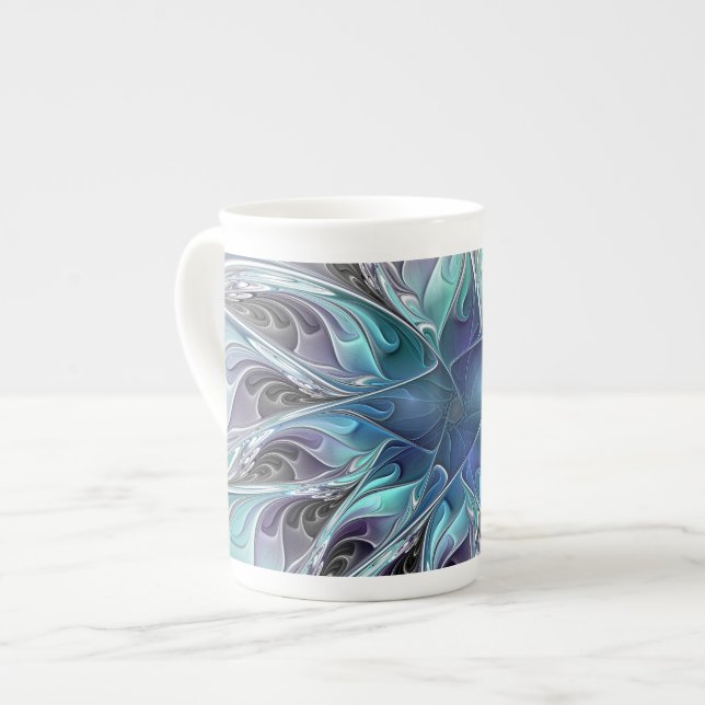 Taza De Porcelana Flor Fractal Moderna Con Azul (Izquierda)