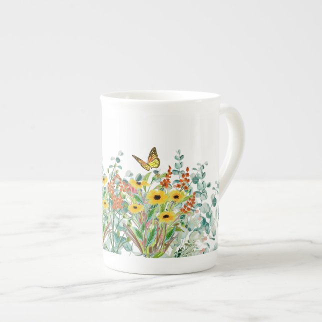 Taza De Porcelana Flor silvestre floral y mariposas (Derecha)