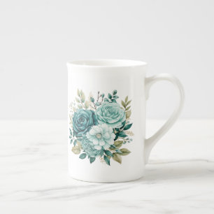 Taza De Porcelana Floral Azul Teal 