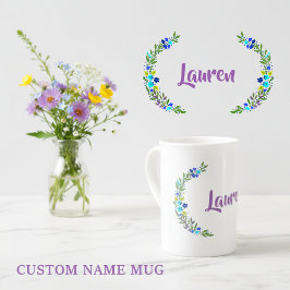 Taza De Porcelana Floral de color púrpura verde azul rustico con nom