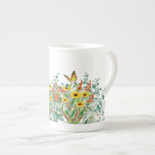 Taza De Porcelana Floral Flor Silvestre y Mariposas