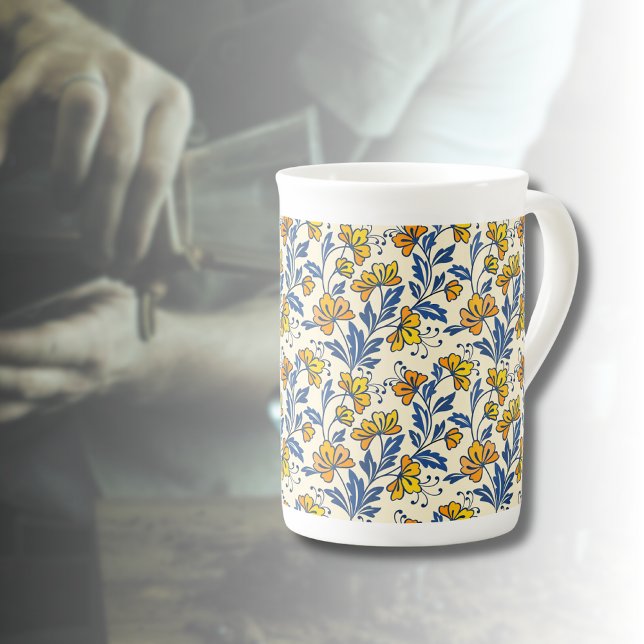 Taza De Porcelana Floral Folk Naranja Amarillo Antiguo Hoja Azul (Subido por el creador)