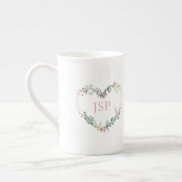 Taza De Porcelana Floral Watercolor Heart with Leaves in Pink