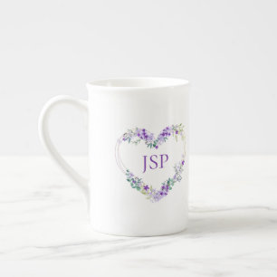 Taza De Porcelana Floral Watercolor Heart with Leaves in Purple