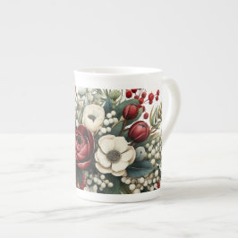 Taza De Porcelana Florales de invierno Verde Rojo Blanco Ampliado