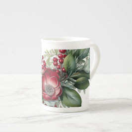 Taza De Porcelana Florales de invierno Verde Rojo Blanco Ampliado