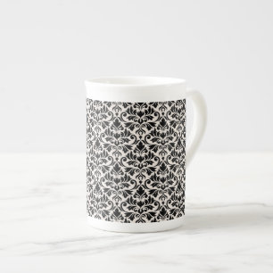 Taza De Porcelana Florecer Patrón Damask Negro sobre Crema