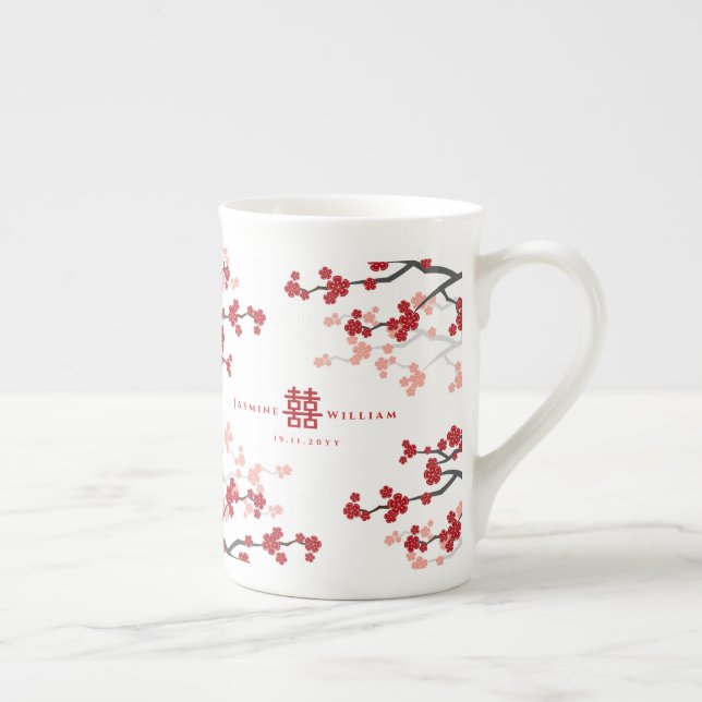 Taza De Porcelana Florecimiento de cerezos y doble felicidad Boda ch (Derecha)