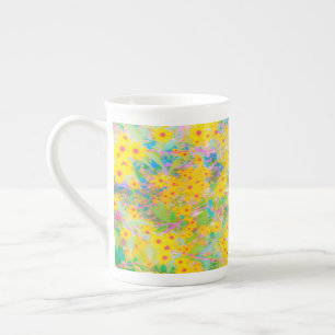 Taza De Porcelana Flores Amarillas y Rojas Bonitas con Turquesa