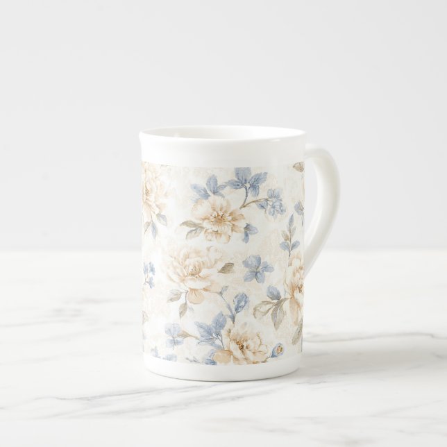 Taza De Porcelana Flores Azules Crema Pretty Románticas   (Derecha)
