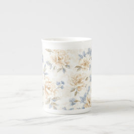 Taza De Porcelana Flores Azules Crema Pretty Románticas  
