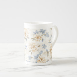 Taza De Porcelana Flores Azules Crema Románticas Lindas