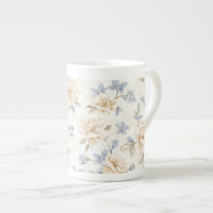Taza De Porcelana Flores Azules Crema Románticas Lindas  