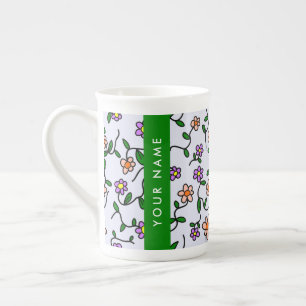 Taza De Porcelana Flores Coloridas, Fondo Azul, Verde