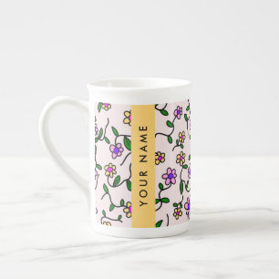 Taza De Porcelana Flores Coloridas, Fondo Rosa, Amarillo