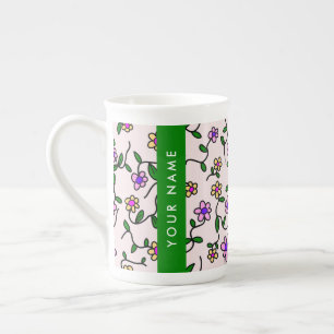 Taza De Porcelana Flores Coloridas, Fondo Rosa, Verde