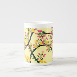 Taza De Porcelana Flores de enredadera amarillas rosadas