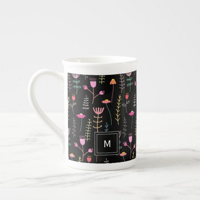 Taza De Porcelana Flores de neón sobre negro, monogramadas (Izquierda)