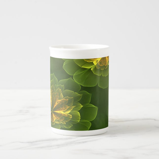 Taza De Porcelana Flores fractales amarillas verdes (Frente)