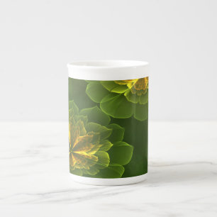 Taza De Porcelana Flores fractales amarillas verdes fantasmas