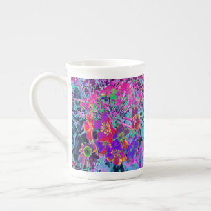 Taza De Porcelana Flores Psicodélicas Coloridas Rojas y Purpúreas