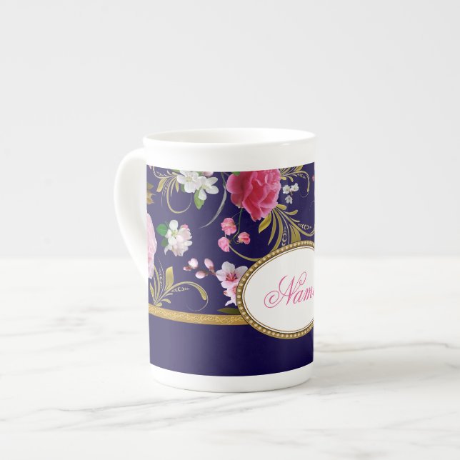 Taza De Porcelana Flores rosadas del monograma (Izquierda)