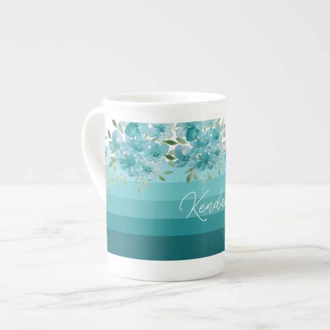 Taza De Porcelana Flores salvajes azul turquesa Arte acuático (Izquierda)