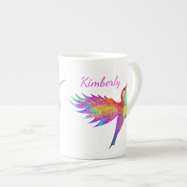 Taza De Porcelana Flying Hummingbird Nombre personalizado Hueso Chin (Derecha)