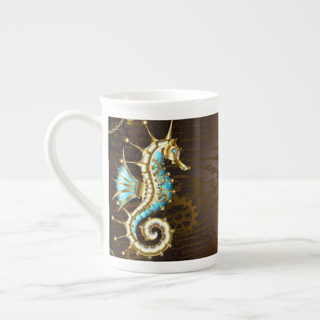 Taza De Porcelana Fondo de madera con caballito de mar mecánico (Izquierda)