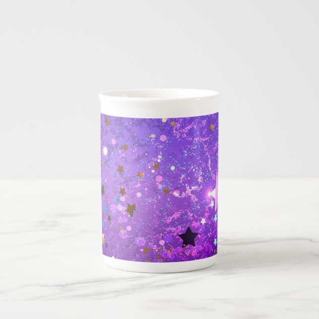 Taza De Porcelana Fondo de Relieve metalizado púrpura con estrellas (Frente)