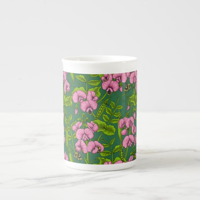Taza De Porcelana Garzas y abejorros dulces, verdes y rosas (Frente)