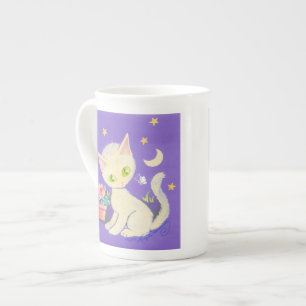 Taza De Porcelana Gatito de crema con maceta, luna y estrellas