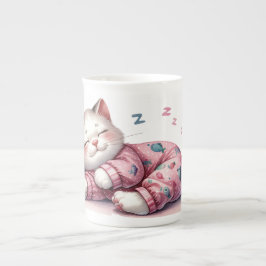 Taza De Porcelana Gatito durmiente en pijamas hueso chino