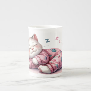 Taza De Porcelana Gatito durmiente en pijamas hueso chino