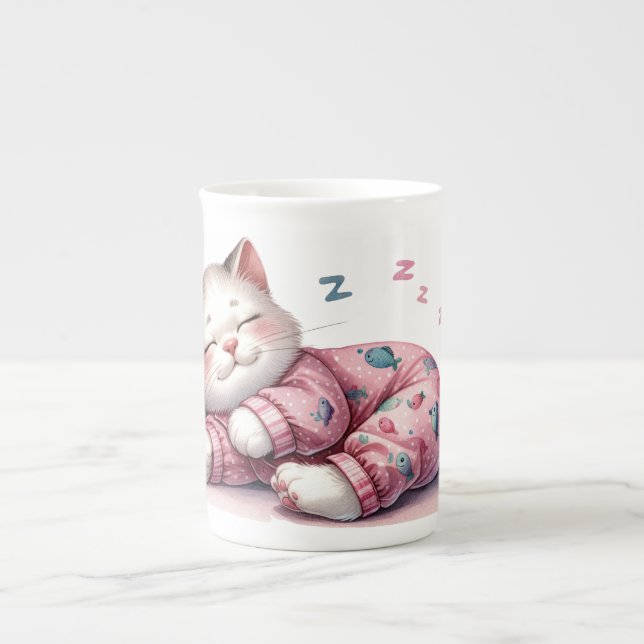 Taza De Porcelana Gatito durmiente en pijamas hueso chino (Frente)