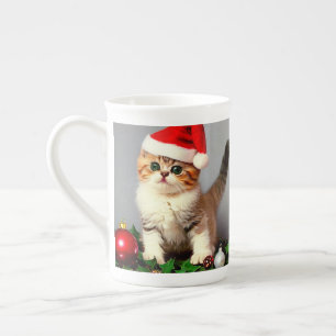Taza De Porcelana Gatito vintage de Navidad en Santa Hat