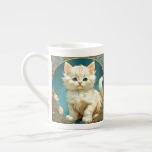 Taza De Porcelana Gato blanco Alphonse Mucha Art Nouveau