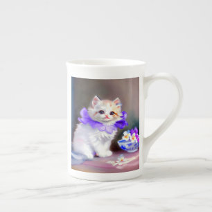Taza De Porcelana Gato blanco con pintura de cuello de flores morada