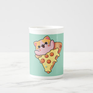 Taza De Porcelana Gato Kawaii Abrazando Pizza de Pepperoni Dibujo An