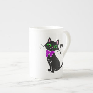 Taza De Porcelana Gato negro con corbata de arco - Elige el color de