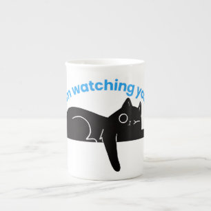 Taza De Porcelana Gato Negro Divertido Ilustración Mínima