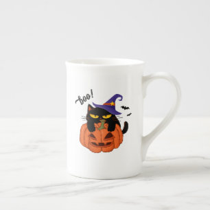 Taza De Porcelana Gato negro regordete con sombrero de bruja Hallowe