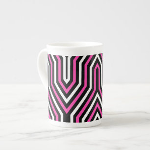 Taza De Porcelana Geométrico Art Deco - fucsia rosa, negro y blanco