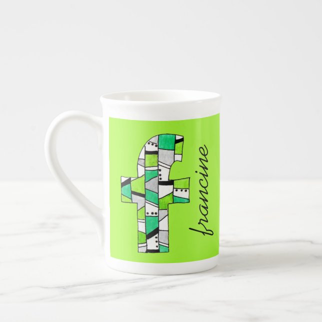 Taza De Porcelana Geométrico Funky Monograma Verde (Izquierda)