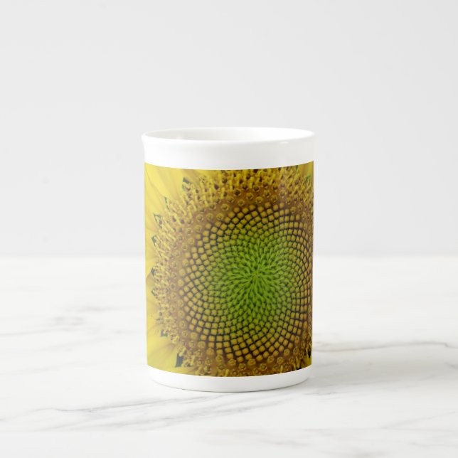 Taza De Porcelana Girasol y semillas, espiral, relación dorada (Frente)