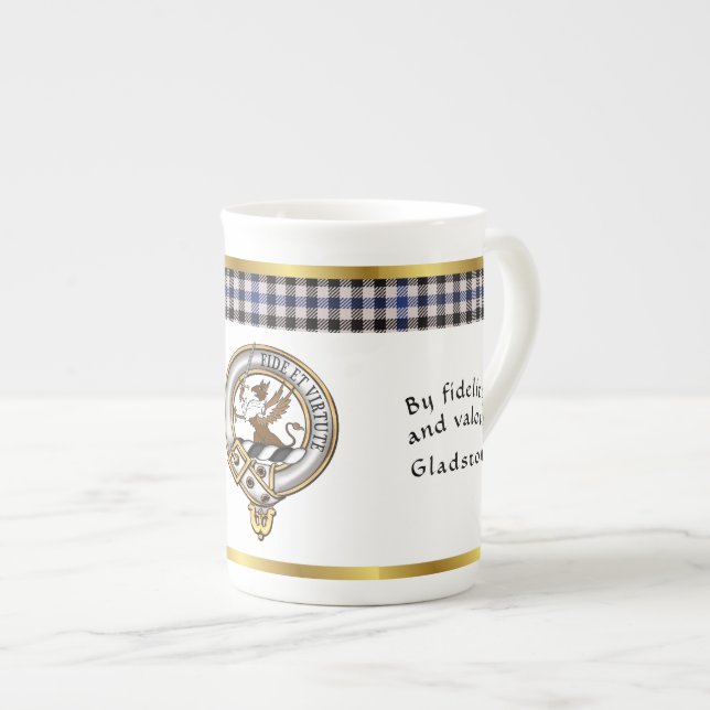 Taza De Porcelana Gladstone Clan Badge Tartan & Motto (Derecha)