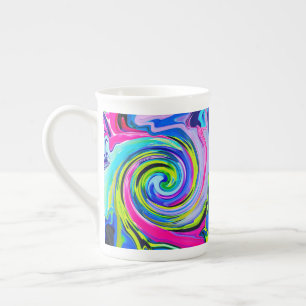 Taza De Porcelana Groovy Abstracto Amarillo y Remolino Azul Marinho