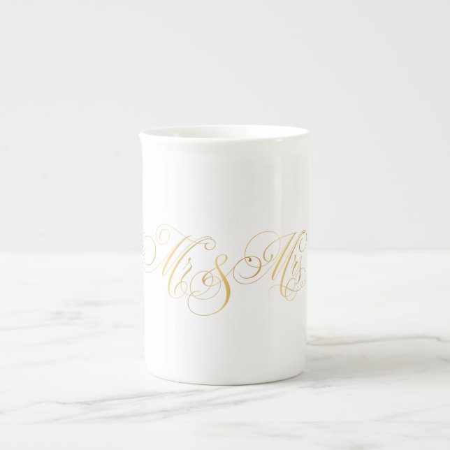 Taza De Porcelana Guión Clásico Swirly Mr. & Mrs Gold Black (Frente)