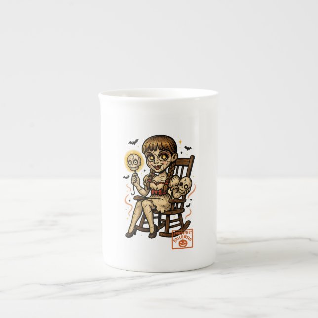 Taza De Porcelana Halloween, una muñeca hinchada de alfiler, espeluz (Frente)