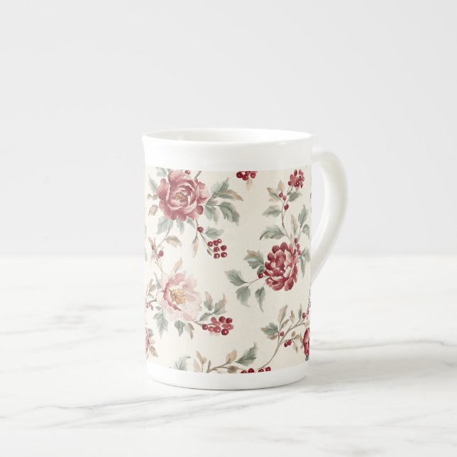Taza De Porcelana Hermoso floral rojo crema chic   (Derecha)